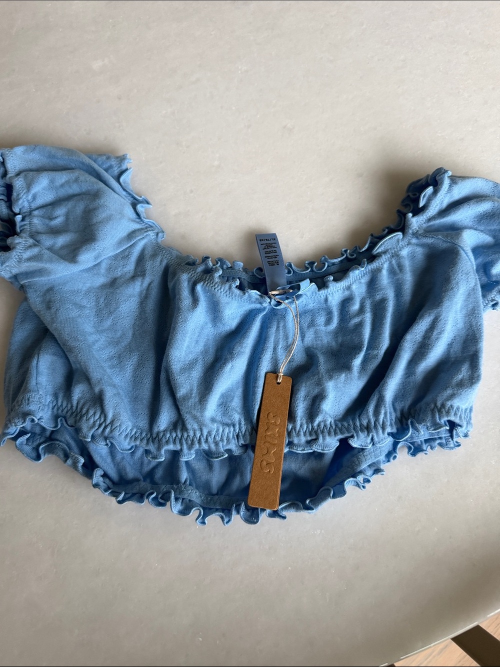Skims Light Blue Ruffled Off-Shoulder Crop Top
